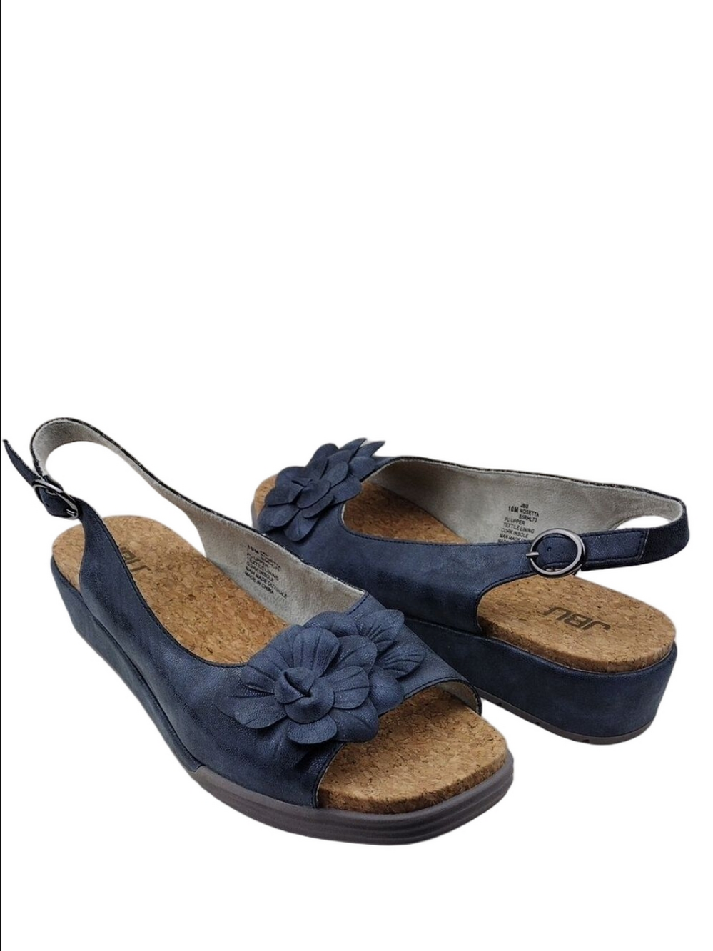 JBU Rosetta Blue Leather Open Square Toe Wedged Heel Buckled Slingback Sandal
